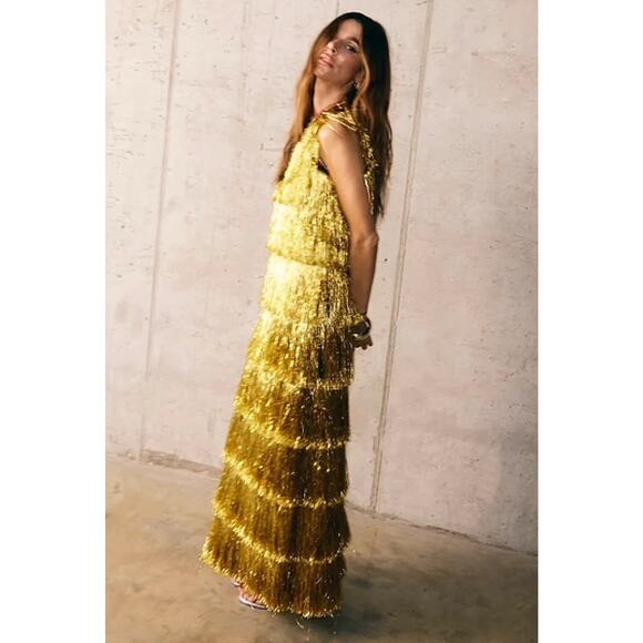 NWT Never Fully Dressed Gold Fringe Maxi Dress Tinsel Maxi 6 - Picture 2 of 7